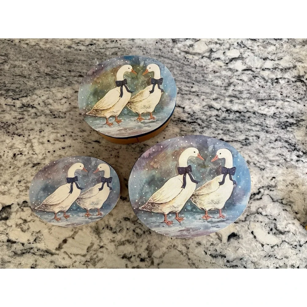 VTG 3 Wooden Oval Shaker Style Nesting‎ Boxes Trinkets Geese W/Blue Ribbons